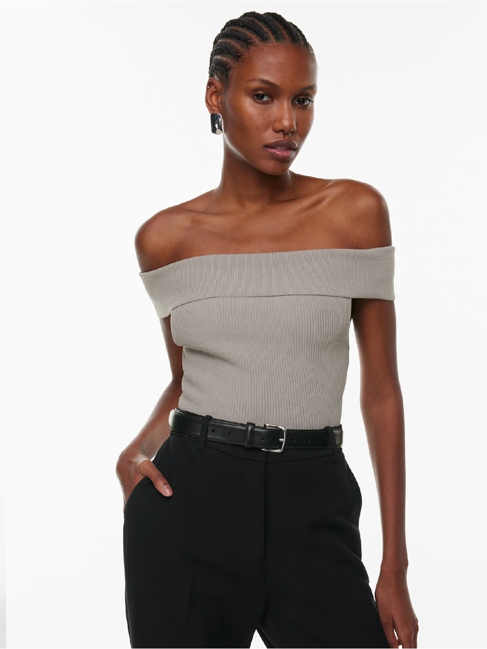 Aritzia BABATON NWT SCUPT KNIT Off the shoulder Top M Ionic Gray